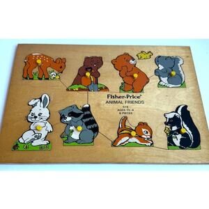 Vintage Fisher-Price Animal Friends Wood Puzzle Baby Toddler 70s MCM Bunny Deer